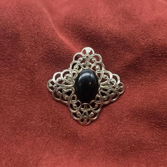 Vintage Victorian Revival Silver Brooch Lapel Pin Black Stone Filigree Cross - Picture 1 of 6